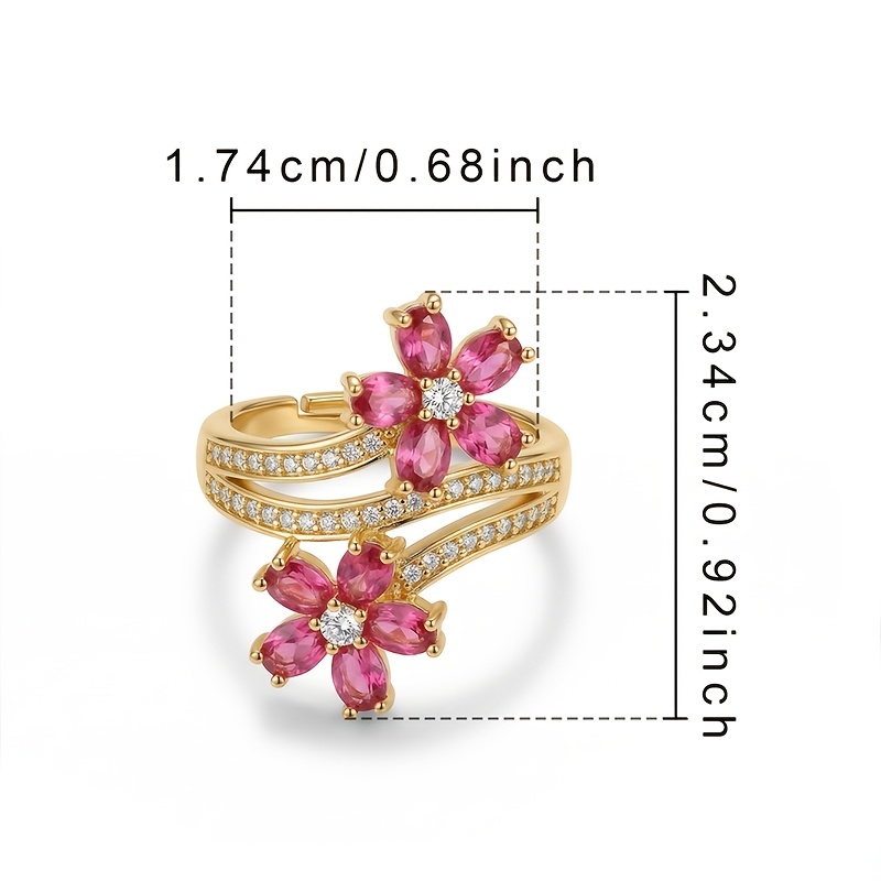 Women's Adjustable Red Zirconia Flower Open Ring